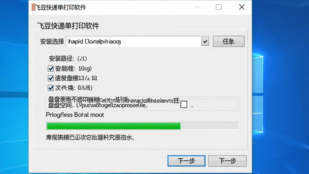 一张飞豆快递单打印软件在Windows电脑上的安装向导截图,主体为安装进度界面,显示安装路径选择、组件勾选、进度条等,布局为经典安装向导窗口,排版规整,风格为简洁安装风,细节包括“下一步”按钮、许可协议勾选框、磁盘空间提示等,画质清晰,画面干净,无多余元素