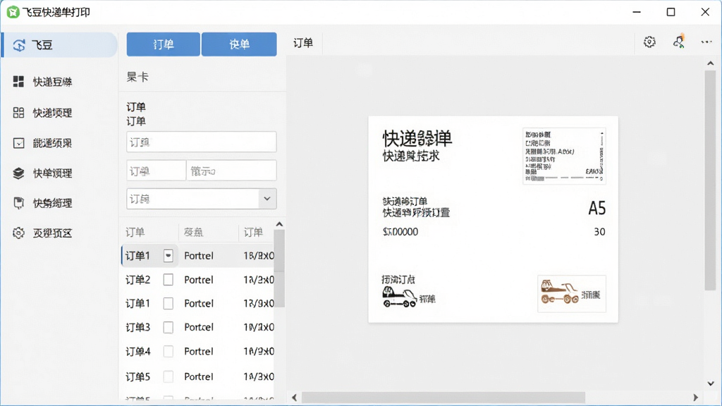 一张干净的软件界面截图,主体是飞豆快递单打印软件的主操作窗口,左侧为功能菜单栏,右侧为快递单模板预览区,界面布局清晰,排版整齐,风格为现代简约商务风,细节包括按钮、输入框、订单列表等元素,画质高清,画面干净,无多余元素