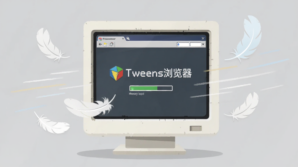画面中央是一台老式台式电脑显示器,屏幕上显示“Tweens浏览器”的启动画面,周围环绕着轻盈的羽毛和速度线条,象征轻快与低负担,背景为柔和的浅灰色,居中构图,简洁扁平插画风格,细节包括浏览器图标和内存占用指示条,画质清晰,干净,无多余元素