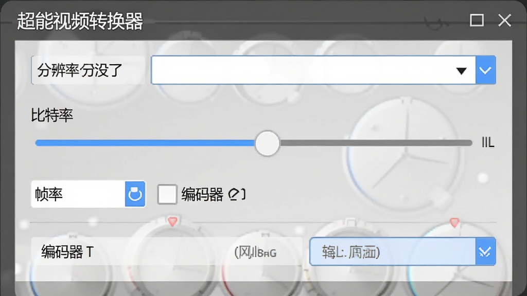 超能视频转换器参数设置面板图,主体为软件界面中的输出参数调节区域,布局为纵向排列的选项组,排版清晰,风格为现代简约风,细节包含分辨率下拉框、比特率滑块、帧率选项、编码器选择按钮,画质高清,画面干净,无多余元素