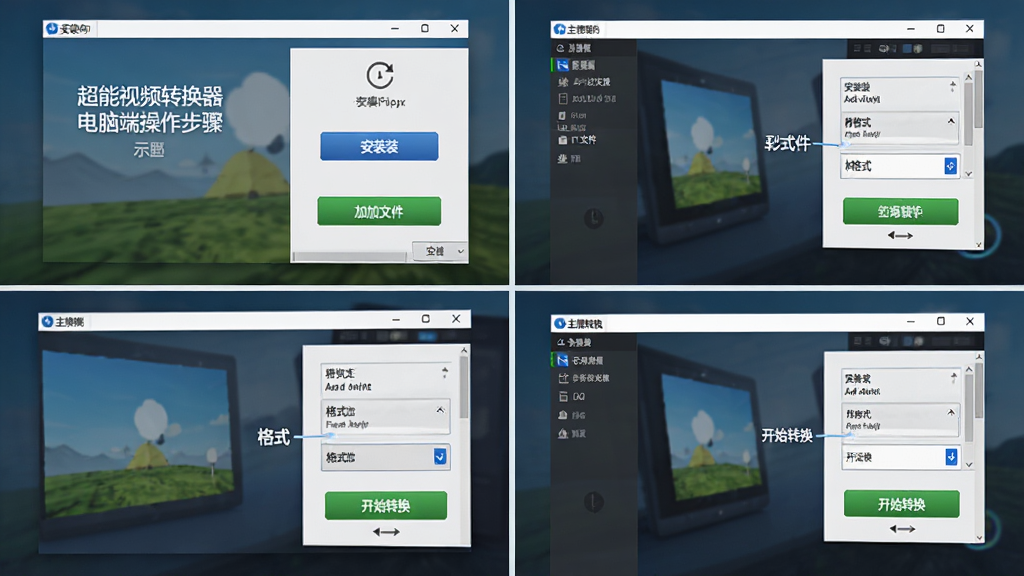 超能视频转换器电脑端操作步骤示意图,主体为软件安装向导与主界面切换过程,布局为四格分镜排列,排版从左到右从上到下,风格为教程图解风,细节包含安装按钮、添加文件按钮、格式选择框、开始转换按钮,画质高清,画面干净,无多余元素
