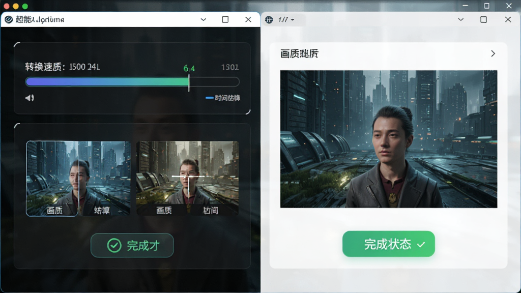 超能视频转换器转换速度与画质对比展示图,主体为软件界面中转换进度与画质预览窗口,布局为左右分栏,排版对称,风格为科技感设计,细节包含进度条、时间估算、画质对比缩略图、完成状态标识,画质高清,画面干净,无多余元素