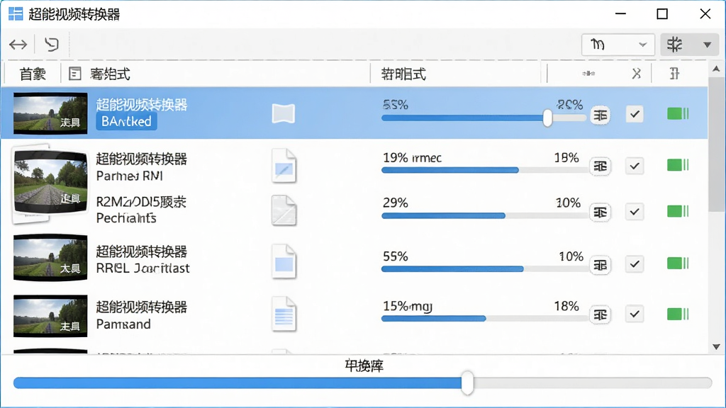 超能视频转换器批量转换队列界面图,主体为软件窗口中多个视频文件排列成列表,布局为上下结构,上方为文件列表下方为进度条,排版规整,风格为简洁商务风,细节包含文件名、格式标签、转换进度百分比、状态图标,画质高清,画面干净,无多余元素