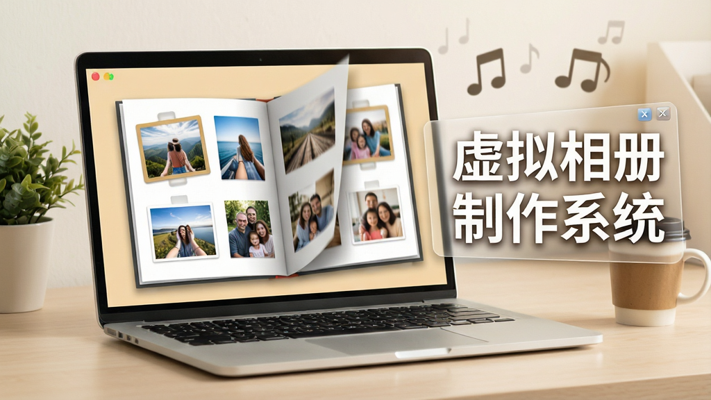 一台打开的笔记本电脑屏幕上显示着一本正在翻页的电子相册,相册页面里排列着旅行照片和家庭合影,画面右侧漂浮着