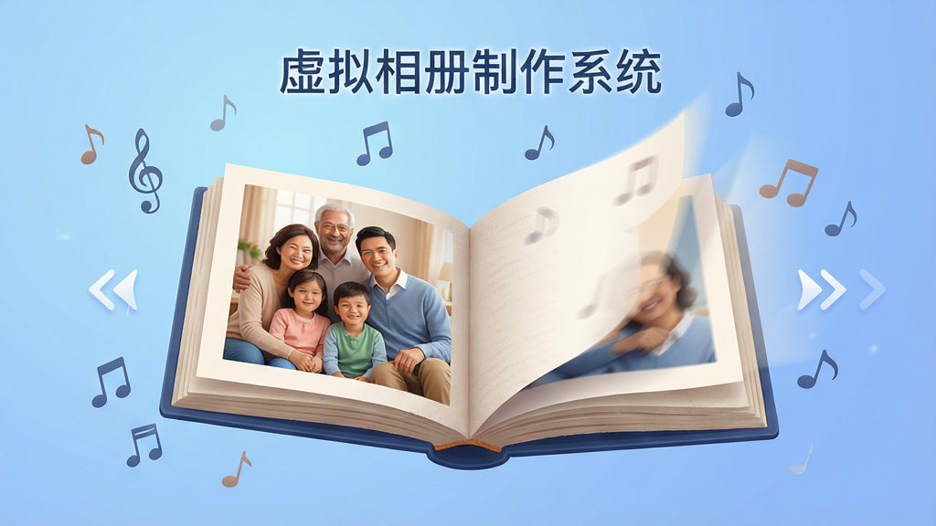 一张AI生成的图片,画面主体是一本悬浮在空中的电子相册,相册正处于翻页状态,左侧页面显示一张家庭合影,右侧页面正在翻起并带有淡入淡出的拖影效果,相册周围环绕着音符符号和转场箭头图标,背景是柔和的渐变蓝色,画面中央上方有