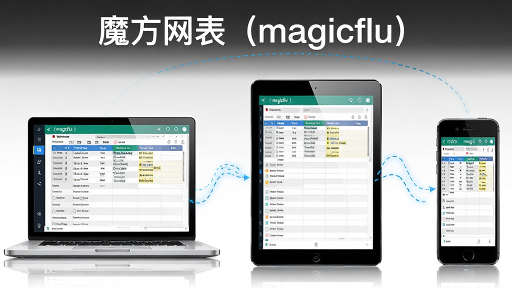 软件名称“魔方网表(magicflu)”多端协同展示图。画面主体为三台设备并排展示:左侧为笔记本电脑,中间为平板电脑,右侧为智能手机,三台设备屏幕中显示着同一张表格的不同视图,设备之间用虚线连接表示数据同步。布局采用水平排列,设备之间间距均匀。排版上在画面顶部中央用白色字体写着“魔方网表(magicflu)”。风格为现代数码产品展示风插画,细节包括设备边框的反光、屏幕内容的清晰度、同步虚线的流动感。画质高清,干净,无多余元素。