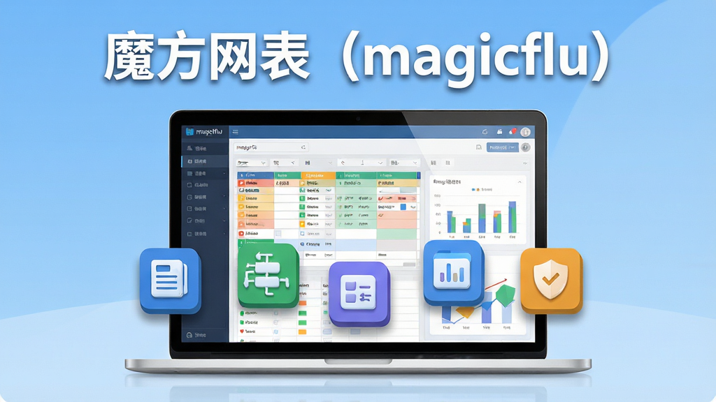 软件名称“魔方网表(magicflu)”核心全貌展示图。画面主体为一台打开的笔记本电脑,屏幕中显示着色彩清晰的表格管理界面,表格内包含多种数据字段与图表组件;屏幕前方悬浮着几个立体化的功能图标,分别代表表单、流程、报表与权限。布局采用居中构图,背景为简洁的浅蓝色渐变。排版上软件名称“魔方网表(magicflu)”以白色粗体字置于画面顶部中央。风格为现代科技感扁平插画,细节包括屏幕反光、图标阴影与细微的网格纹理。画质高清,干净整洁,无多余元素。