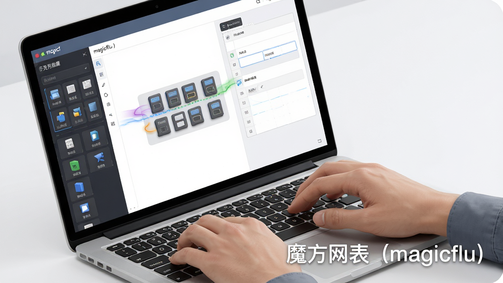 软件名称“魔方网表(magicflu)”无代码搭建功能展示图。画面主体为一双手正在操作笔记本电脑,屏幕上显示着拖拽字段的动画效果,左侧是字段库面板,右侧是正在搭建的表单画布。布局采用斜侧视角,突出操作动作与屏幕内容。排版上在画面右下角放置半透明的文字“魔方网表(magicflu)”。风格为写实科技风插画,细节包括手指与键盘的接触、屏幕上的拖拽轨迹线、字段图标的立体感。画质高清,干净,无多余元素。
