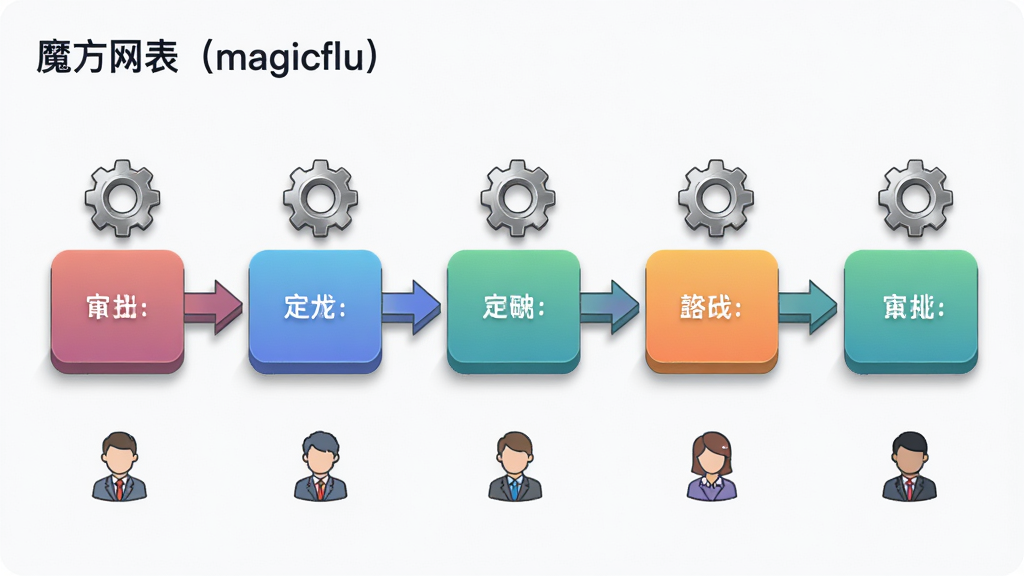 软件名称“魔方网表(magicflu)”业务流程自动化展示图。画面主体为一条横向的流程图,由多个圆角矩形节点组成,节点之间用箭头连接,部分节点上方有齿轮图标表示自动化处理;流程图下方有一排小人图标代表不同审批角色。布局采用横向展开式,流程图占据画面中央。排版上在流程图左上角标注文字“魔方网表(magicflu)”。风格为简洁流程风矢量插画,细节包括节点的渐变填充、箭头的立体投影、齿轮的金属质感。画质高清,干净,无多余元素。