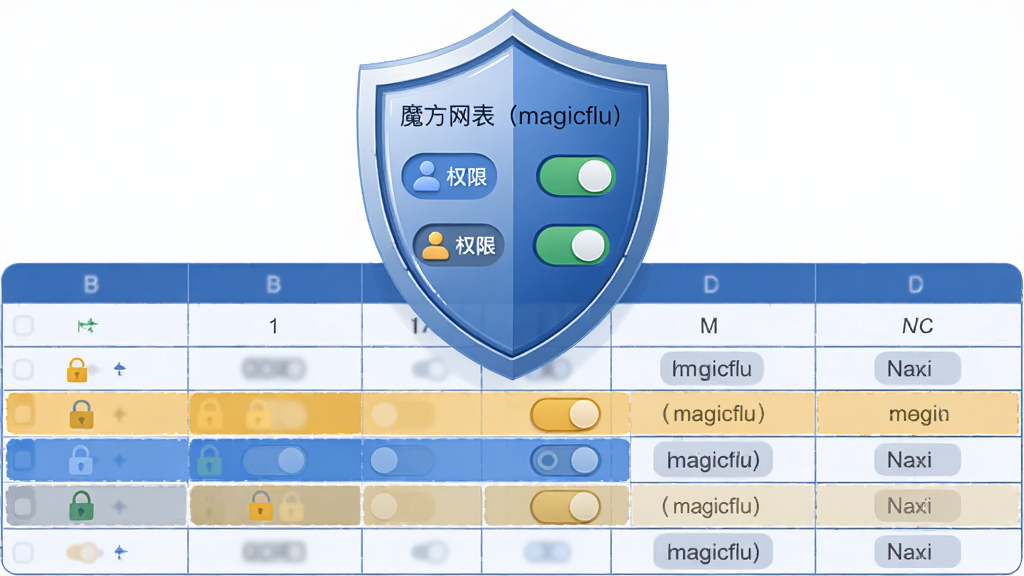 软件名称“魔方网表(magicflu)”权限管控功能展示图。画面主体为一个盾牌形状的图标悬浮在表格数据上方,盾牌内部显示着不同角色的权限开关按钮;下方表格中的某些行被高亮锁定,某些字段显示为只读状态。布局采用上下结构,盾牌居中偏上,表格铺满下半部分。排版上在盾牌表面刻有文字“魔方网表(magicflu)”。风格为商务安全风扁平插画,细节包括盾牌的光泽质感、权限开关的立体感、表格数据的网格线。画质清晰,干净,无多余元素。