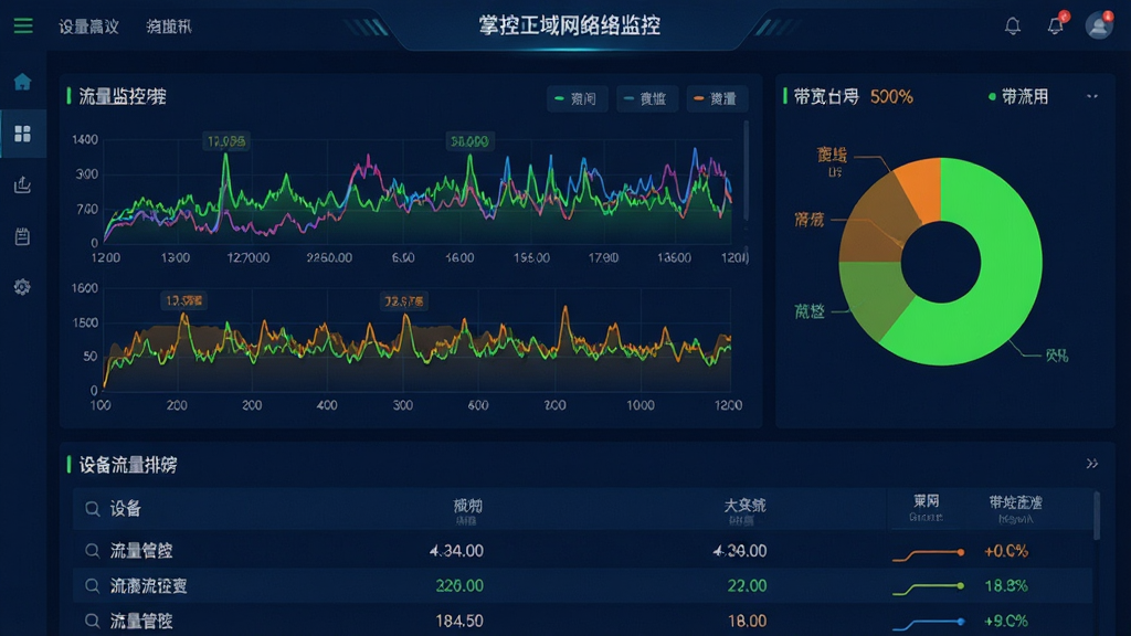 一张表现流量监控与带宽管理功能的图片,画面中央是掌控局域网监控软件的流量监控仪表盘,显示着多条彩色流量曲线图和带宽占用比例饼图,画面下方是设备流量排行榜列表,整体布局上下结构,采用深蓝色背景搭配荧光绿和橙色数据线条,风格为数据可视化大屏风格,细节上体现数值标签和动态波形,画质清晰,画面干净,无多余元素
