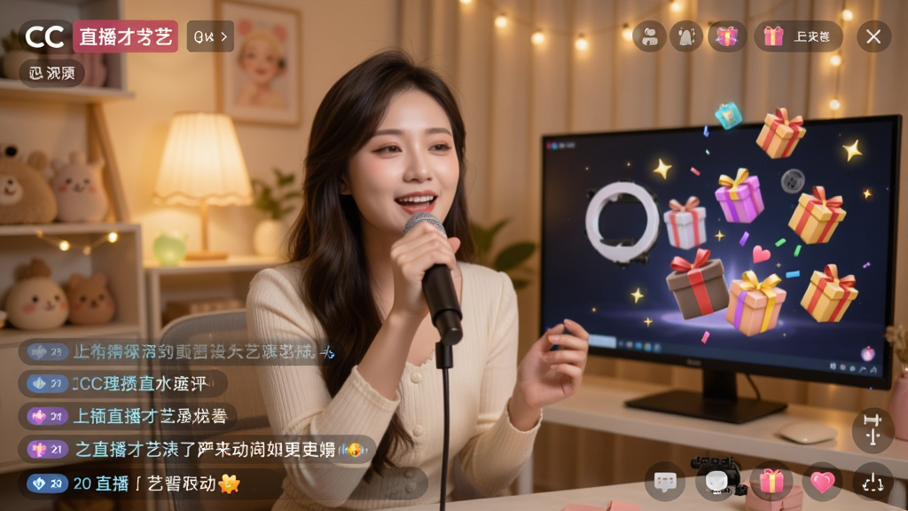 一张展示CC直播才艺表演直播间的图片,画面中一位主播正在唱歌,背景是温馨的直播间布置,屏幕右侧有观众送出的礼物特效动画,底部有弹幕互动区域,整体氛围轻松愉悦,风格温暖明亮,画质高清,干净无多余元素
