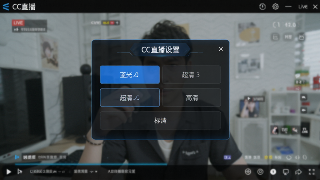 一张展示CC直播画质设置菜单的图片,画面中弹出画质选择面板,包含蓝光、超清、高清、标清等选项,背景是正在播放的直播画面,整体界面简洁直观,风格科技感,细节清晰,画质高清,干净无多余元素