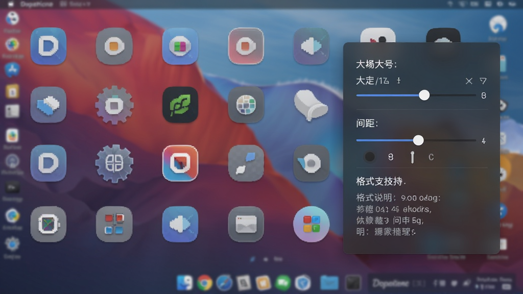 一张展示Dopamine图标自定义功能的图片,画面中电脑桌面显示多个不同风格的图标排列效果,旁边悬浮着图标设置面板,面板内包含图标大小滑块、间距调节选项和格式支持说明,背景为模糊的桌面壁纸,整体风格简洁实用,画质高清,无多余元素