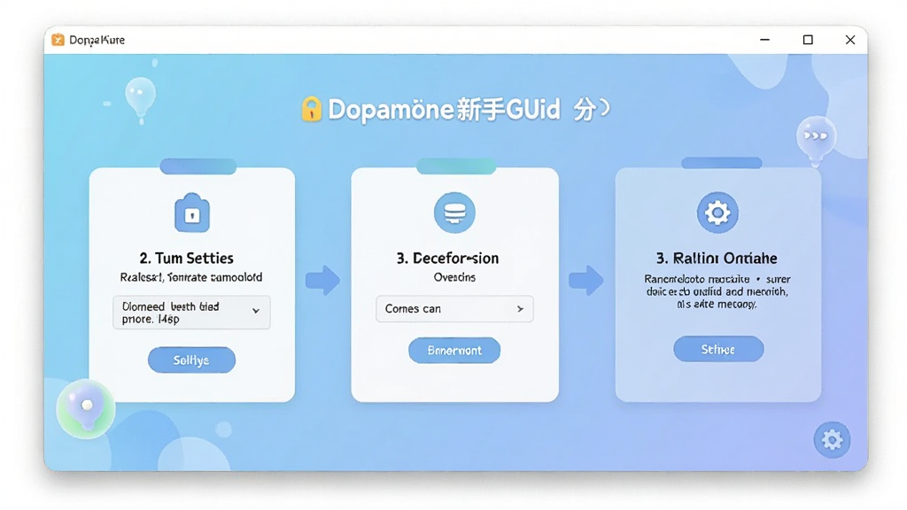 一张展示Dopamine新手引导界面的图片,画面中软件窗口内显示分步操作指引,包含权限设置说明、安装路径选择、运行库检测等步骤,界面风格友好清新,配色柔和,画质清晰,无多余元素
