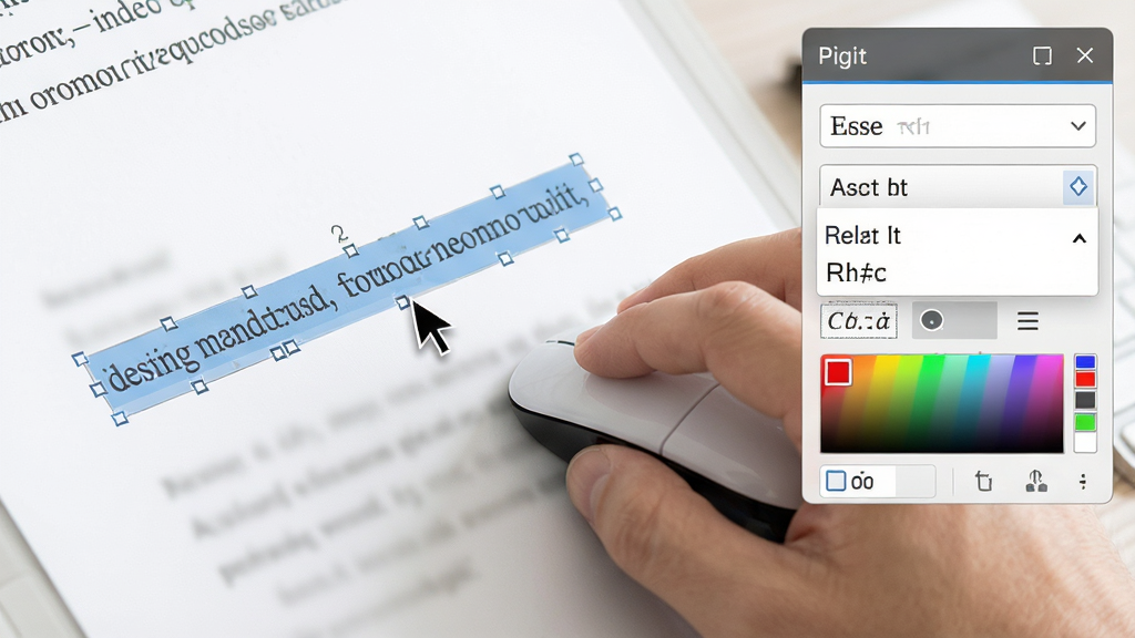 �ĵ�ͨPDF�༭�����ֱ༭������ʾ��������һֻ������������ڵ��PDF�ĵ��е�һ�����֣����������ִ��ڱ�ѡ�и���״̬���Ҳม������������壬����Ϊ��д��ͷ���Ű�ͻ���༭���������Ϊ���칫�磬ϸ�ڰ�����ꡢ����ѡ�������������˵�����ɫѡ�����ȣ���������������ɾ����޶���Ԫ��