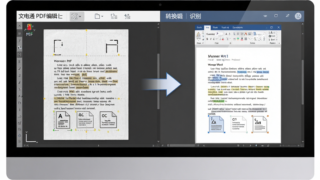�ĵ�ͨPDF�༭����ʽת����OCRʶ����չʾ��������һ̨������Ļ����Ļ�����ʾɨ���PDFԭͼ���Ҳ���ʾʶ������ɵĿɱ༭Word�ĵ����м���ת����ͷ���ӣ�����Ϊ���ҶԱ�ʽ���Ű�����ֱ�ۣ����Ϊ�Ƽ��칫�磬ϸ�ڰ���ɨ��������ʶ�����ָ�������ʽͼ��ȣ����ʸ��壬����ɾ����޶���Ԫ��