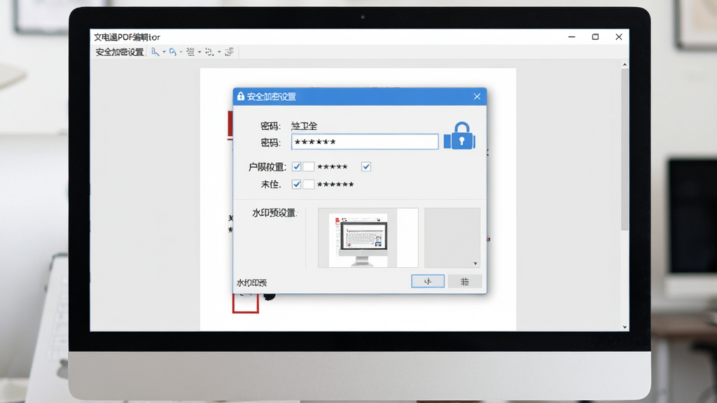 �ĵ�ͨPDF�༭����ȫ�������ý��棬������һ̨������ʾ������Ļ����ʾPDF�ĵ����ܶԻ��򣬰������������Ȩ�޹�ѡ�ˮӡԤ�����򣬲���Ϊ���е���ʽ���Ű�ͻ����ȫ����ѡ����Ϊ��లȫ�磬ϸ�ڰ�������ͼ�ꡢ�����Ǻš�Ȩ�޸�ѡ��ȣ����ʸ��壬����ɾ����޶���Ԫ��
