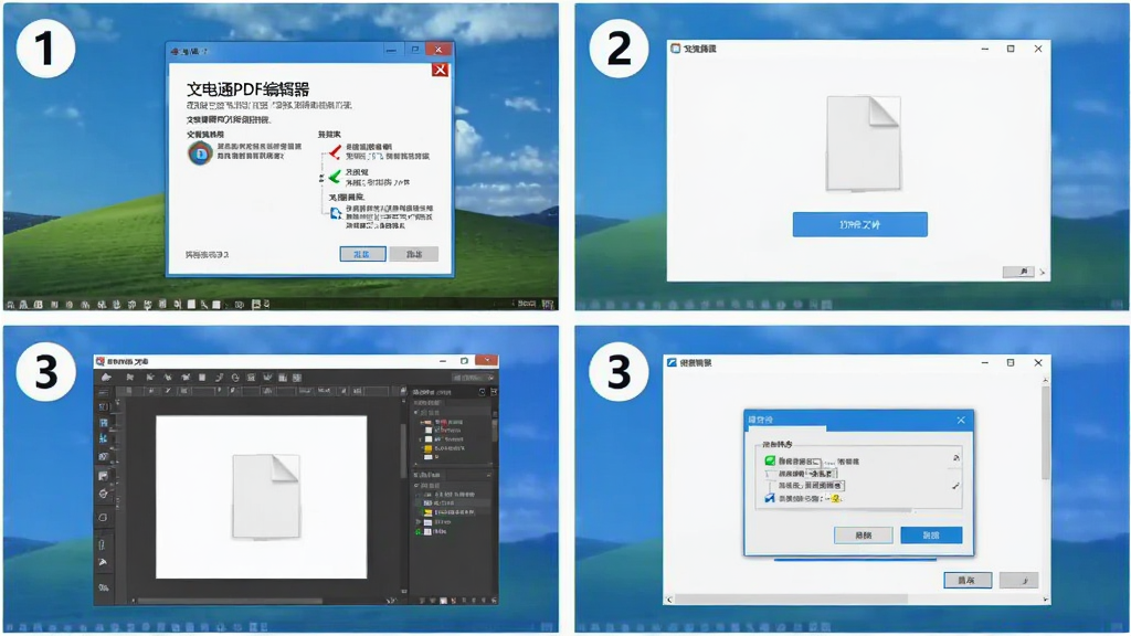 �ĵ�ͨPDF�༭�����ֲ�������ʾ��ͼ��������һ̨������Ļ����Ļ����ʾ�Ӱ�װ���򿪵��ĸ������ͼ������Ϊ�Ĺ������У��Ű水����˳���ע�����Ϊ�̳�ͼ��磬ϸ�ڰ�����װ�򵼡����ļ���ť���༭���桢����Ի���ȣ���������������ɾ����޶���Ԫ��