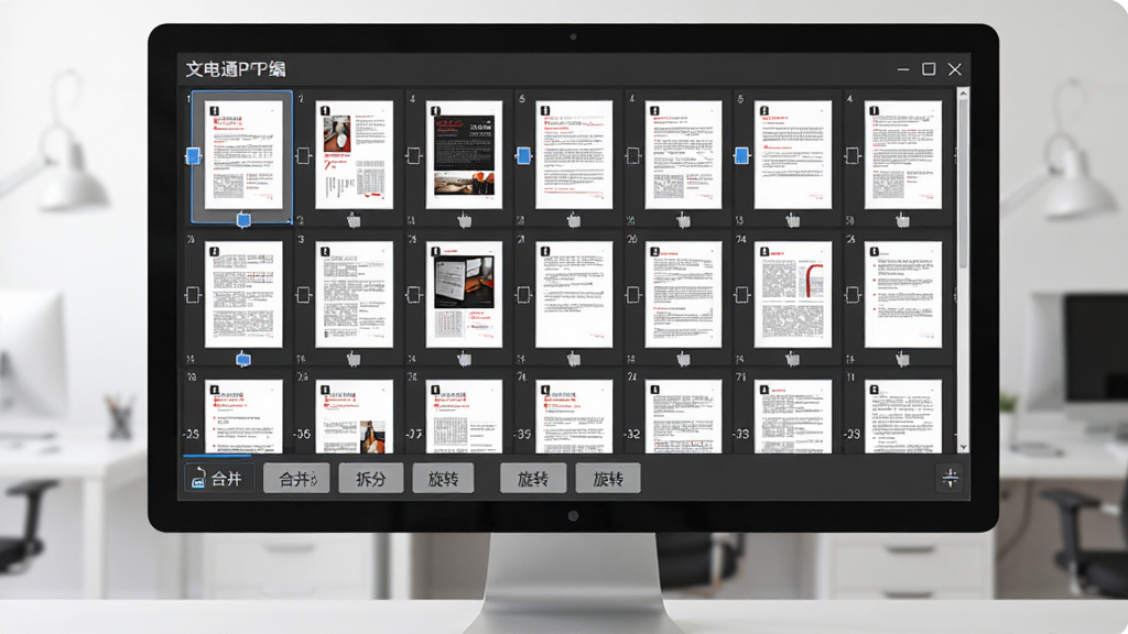 �ĵ�ͨPDF�༭��ҳ������������������棬������һ̨������ʾ������Ļ����ʾ���PDFҳ������ͼ��������ʽ���У��ײ��кϲ�����֡���ת�Ȳ�����ť������Ϊ��������ͼʽ���Ű�ͻ��ҳ����֯���ܣ����ΪЧ�ʰ칫�磬ϸ�ڰ���ҳ����š���ק�ֱ�������ѡ���ȣ���������������ɾ����޶���Ԫ��