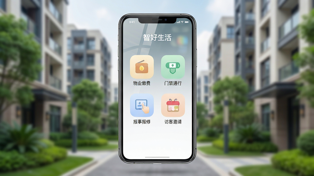 画面主体为一部智能手机,屏幕中显示“智好生活”应用主界面,界面包含物业缴费、门禁通行、报事报修、访客邀请四个功能图标;布局采用居中对称式,手机悬浮于画面上方;排版上背景为现代小区楼宇与绿植的虚化场景;风格为清新简约的科技生活风;细节上手机屏幕有轻微反光,图标色彩柔和;画质为高清写实,干净无多余元素。