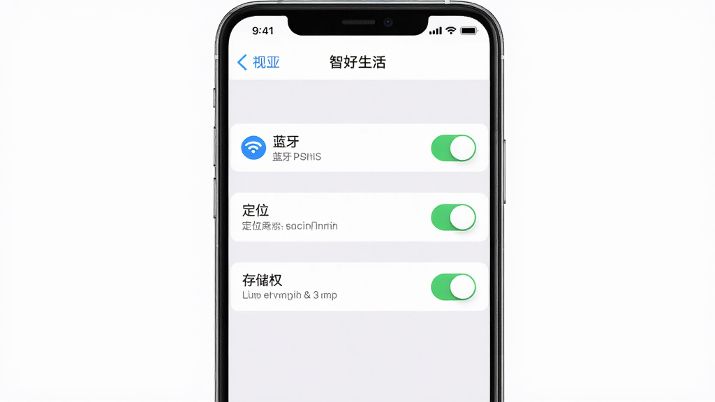 画面主体为“智好生活”应用在手机上的权限设置界面截图示意,展示蓝牙、定位、存储权限开关;布局为手机屏幕居中;排版简洁;风格为系统设置风;细节上开关按钮清晰可见,背景为浅色;画质高清,干净无多余元素。