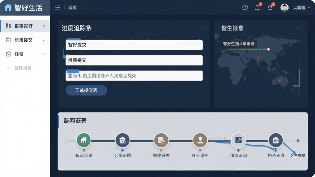 画面主体为“智好生活”报事报修功能界面,显示工单提交表单与进度追踪条;布局为上下结构,上方表单下方时间轴;排版清晰有序;风格为简洁商务风;细节上时间轴节点用圆形图标标注,配色沉稳;画质高清,干净无杂乱元素。