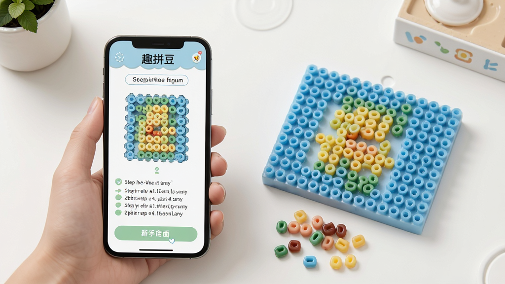 趣拼豆新手操作界面,手机屏幕显示简洁的拼豆图纸与步骤提示,旁边放着拼豆板和豆子,氛围轻松,风格清新,干净整洁无多余元素,高清画质