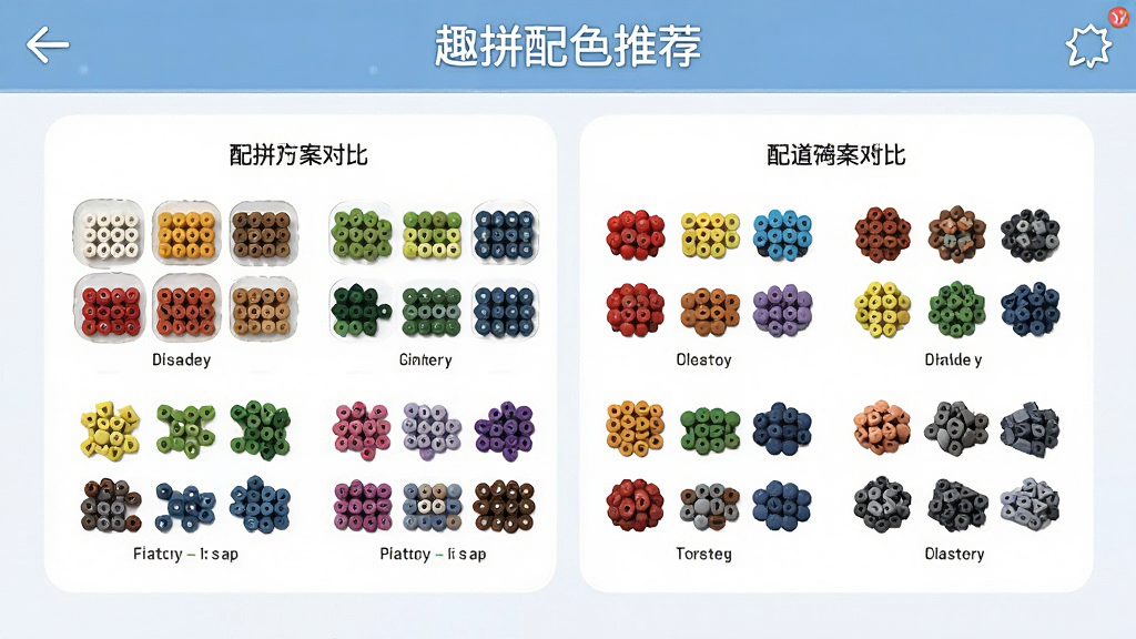 趣拼豆配色推荐界面,屏幕上展示着多种拼豆色卡与配色方案对比,色彩丰富但排列有序,界面友好,干净整洁无多余元素,高清画质