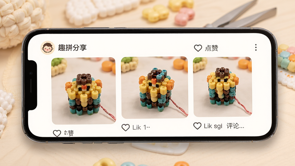 趣拼豆作品分享页面,手机屏幕显示用户上传的拼豆成品照片与点赞评论,界面温馨,布局清晰,干净整洁无多余元素,高清画质
