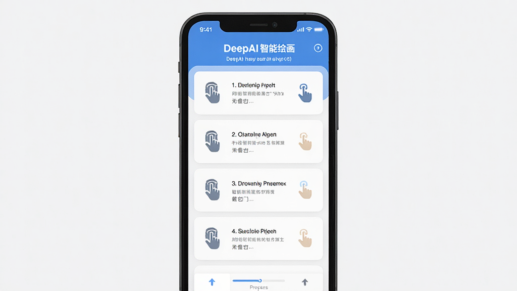 DeepAI智能绘画新手操作引导页面,主体为手机屏幕展示操作步骤指引,布局为纵向分步排列,排版清晰易读,风格为扁平化移动应用引导页,细节包括手势图标、文字说明和进度指示,画质高清,干净,无多余元素