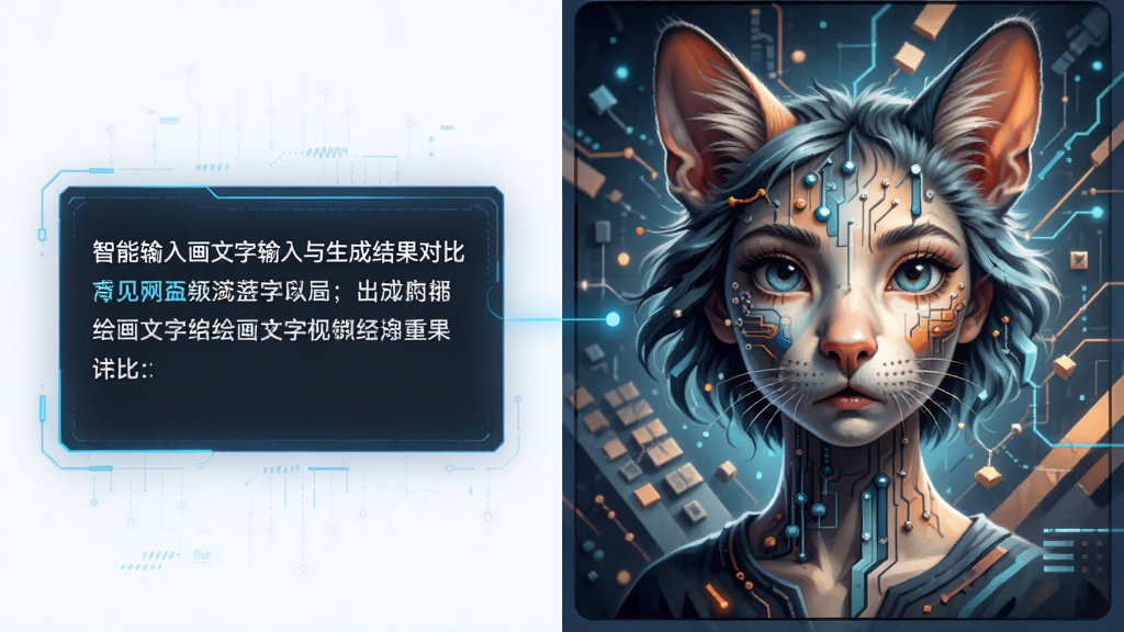 DeepAI智能绘画文字输入与生成结果对比图,主体为左侧文字输入框和右侧生成的精美画作,布局为左右分栏对比展示,排版清晰直观,风格为科技感信息图风格,细节包括输入的中文描述文字和对应的AI生成图像,画质高清,干净,无多余元素