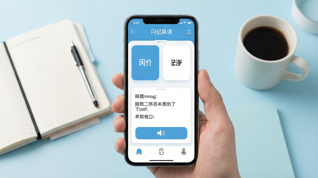 一张展示手机屏幕的图片,屏幕中央显示“闪记英语”应用界面,界面中包含单词卡片、例句和发音按钮,背景为简洁的浅蓝色学习场景,书桌上有笔记本和咖啡杯,整体风格清新明亮,画质干净清晰,无多余元素
