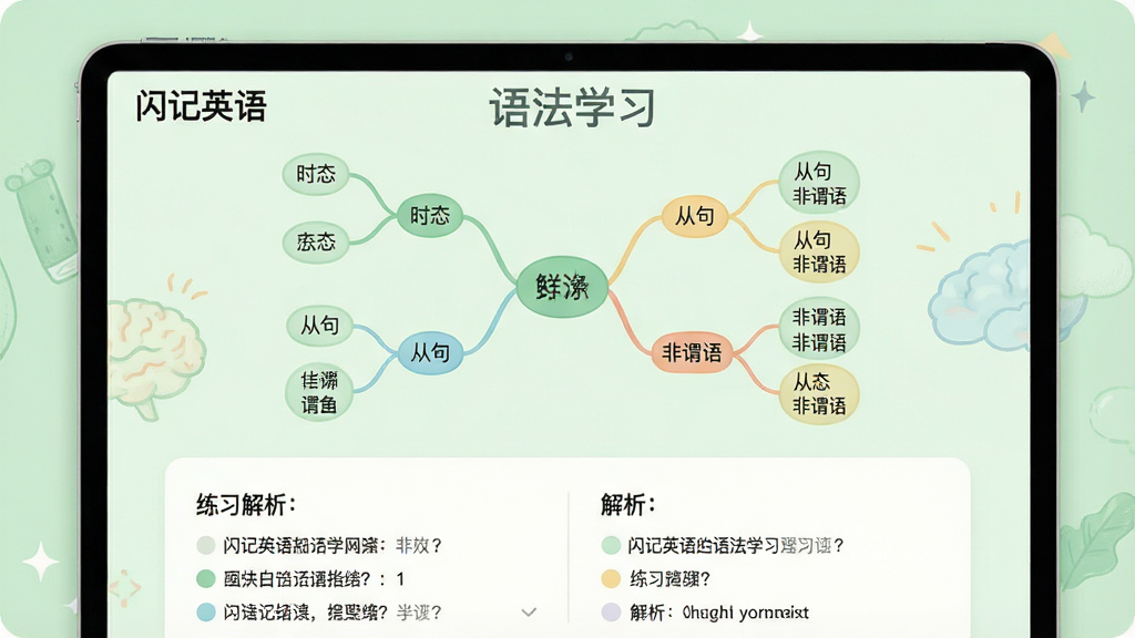 一张展示“闪记英语”语法学习页面的图片,屏幕中显示思维导图形式的语法知识点,分支上有“时态”“从句”“非谓语”等标签,下方有练习题和解析区域,背景为淡绿色,风格清新浅色,画质干净无多余元素