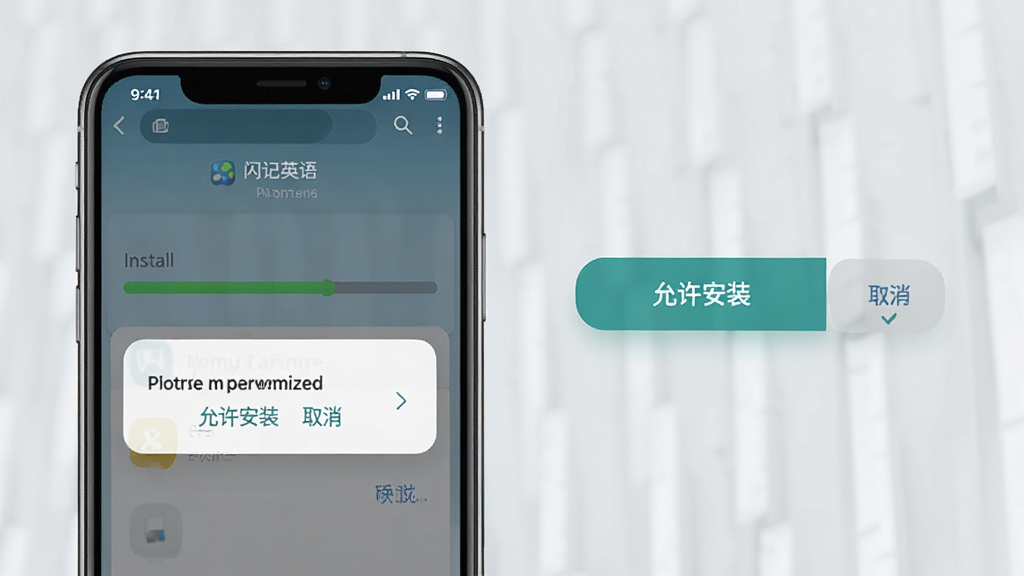 一张展示“闪记英语”安装界面的图片,手机屏幕显示安装进度条和权限请求弹窗,背景为浅灰色,旁边有“允许安装”和“取消”按钮,风格简约商务,画质清晰干净