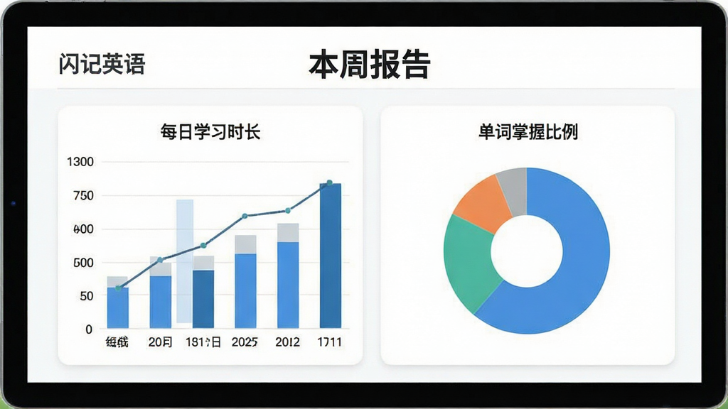 一张展示“闪记英语”学习报告页面的图片,屏幕中显示柱状图和饼图,分别表示每日学习时长和单词掌握比例,顶部有“本周报告”字样,背景为白色,风格简约商务,画质清晰干净