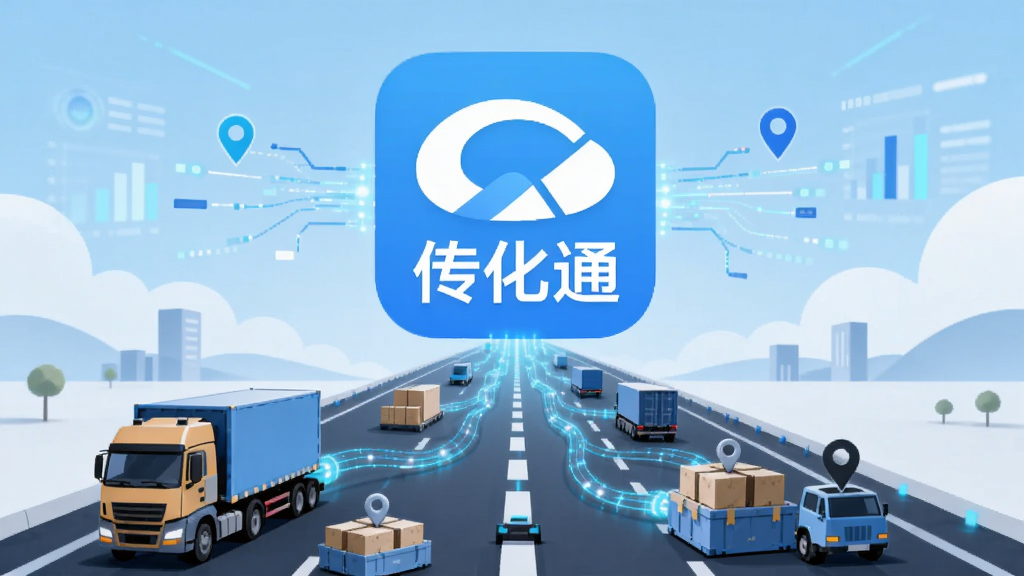 一幅AI生成的物流场景插画,画面中央是巨大的“传化通”APP图标悬浮在智慧公路上空,下方是货车与货物通过数字光缆连接,布局左右对称,风格科技感扁平化,细节包含数据流与定位符号,画质清晰,干净简洁