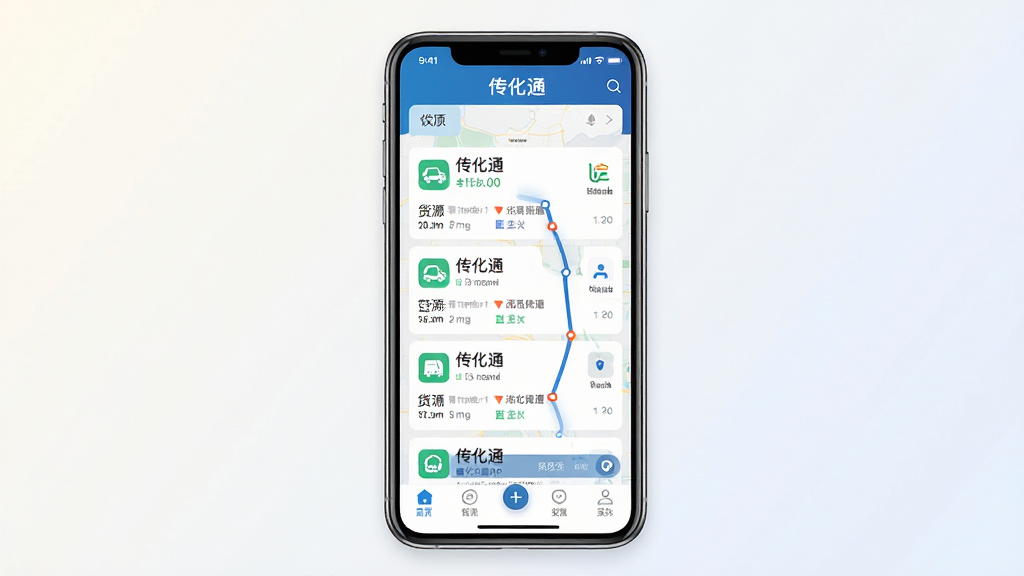 一张展示传化通APP核心界面的手机样机图,主体为一部竖屏智能手机,屏幕内显示“传化通”APP首页,包含货源列表、地图轨迹与底部导航栏,布局居中,背景为干净的浅色渐变,风格现代商务简洁,细节清晰展示图标与文字“传化通”,画质高清,干净无多余元素
