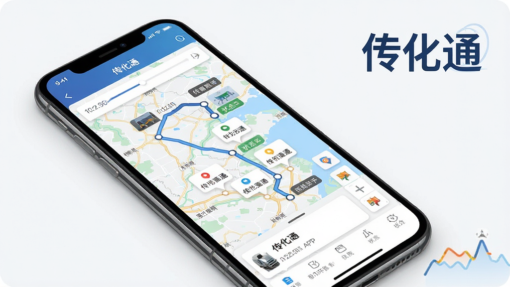 一张展示传化通APP运输轨迹界面的手机截图样机,屏幕内显示地图路径与多个节点标记,旁边有“传化通”文字标识,布局为手机斜放,风格简约商务,细节包含时间轴与状态标签,画质高清,干净无杂乱元素