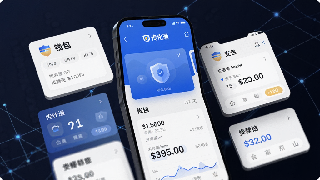 一张AI生成的金融科技风格图片,主体为“传化通”APP内的钱包与支付界面,布局为卡片式悬浮展示,风格现代简约,细节包含盾牌安全图标与数字金额,画质高清,干净无多余装饰