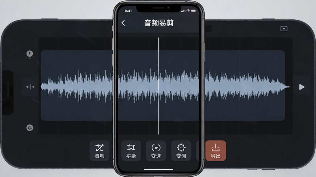 手机屏幕中央展示音频易剪软件主界面,顶部显示软件名称“音频易剪”,中间是音频波形编辑区域,底部排列裁剪、拼接、变速、变调、导出等功能按钮,背景为深色专业风格,界面干净整洁,无多余元素,高清画质,产品界面展示图