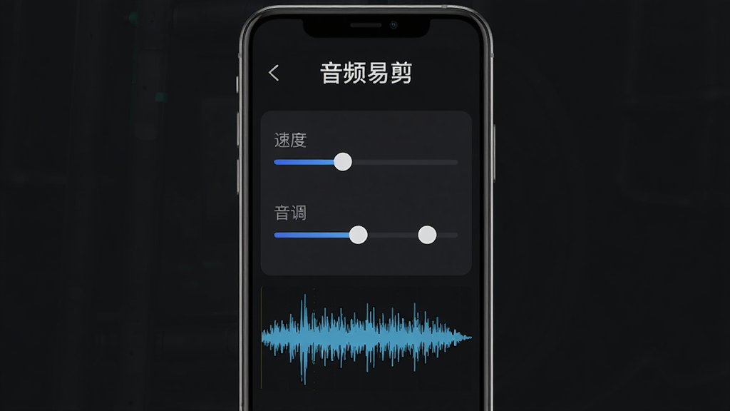 手机屏幕展示音频易剪的变速变调调节面板,界面中有速度滑块和音调滑块,下方显示波形预览,屏幕上方有“音频易剪”字样,背景为深色简洁风格,画质清晰,无多余装饰元素