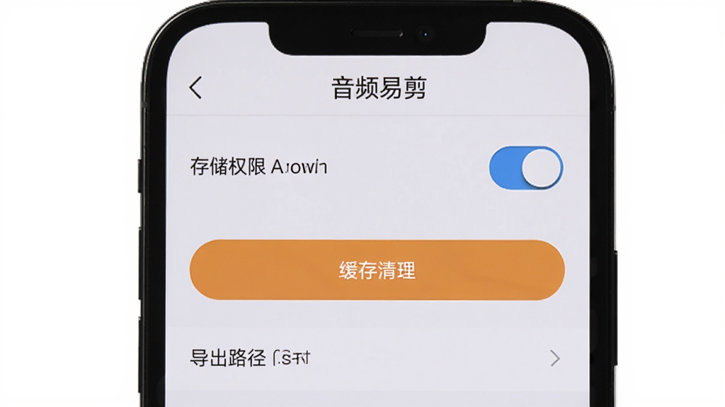 手机屏幕显示音频易剪的设置页面,包含存储权限开关、缓存清理按钮、导出路径设置等选项,界面顶部有“音频易剪”字样,背景为浅色简洁风格,画质清晰,无多余元素