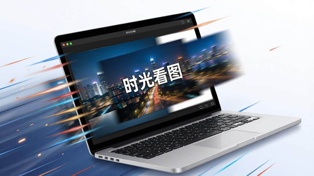 一张展现软件极速翻页性能的示意图,画面主体是一台笔记本电脑,屏幕上“时光看图”正以动态模糊效果展示图片切换,周围环绕着速度线特效,布局为对角线构图,排版突出速度感,风格为动感科技插画风,细节包括屏幕上的图片是城市夜景,画质为高清,干净无多余元素