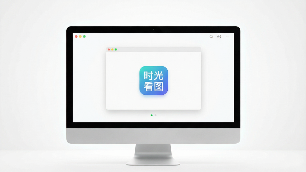 一张体现软件纯净无广告的图片,画面是一块干净的电脑屏幕,屏幕中央只有“时光看图”的图标和简洁的浏览界面,周围是白色的纯净空间,布局为极简居中构图,风格为清新简约风,细节包括屏幕边缘有柔和的光晕,画质为超清,干净无多余元素