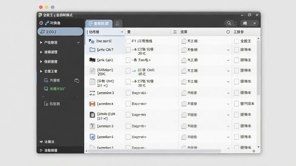 一张展示全能王音频格式转换器软件界面的图片,画面中央是软件主窗口,左侧为功能导航栏,右侧为文件列表区域,界面风格简洁现代,背景为浅灰色,整体布局清晰,画质干净,无多余元素