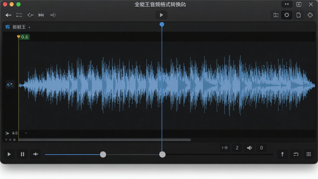 一张展示全能王音频格式转换器音频剪辑界面的图片,画面中显示波形图与剪辑滑块,界面配色为深色主题,突出音频波形细节,风格专业简洁,画质清晰