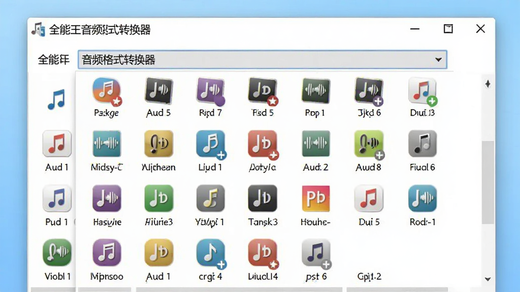 一张展示全能王音频格式转换器格式选择下拉菜单的截图风格图片,画面中软件界面清晰显示多种音频格式图标排列,背景为浅蓝色渐变,风格简洁商务,画质干净