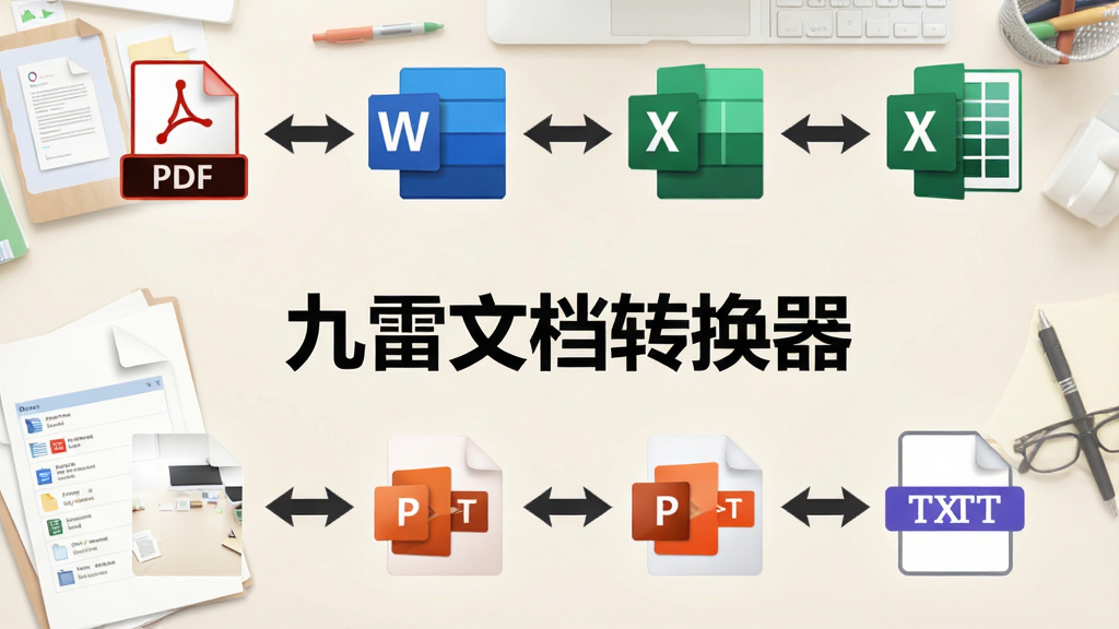 一张展示九雷文档转换器多格式互转功能的图片,画面中多个文档格式图标(PDF、Word、Excel、PPT、TXT)围绕软件名称“九雷文档转换器”排列,图标之间有双向箭头连接,背景为浅色办公桌面风格,细节包括文件缩略图、转换箭头、格式标签,画质清晰,干净,无多余元素