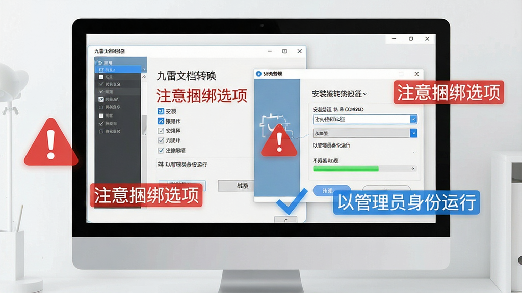 一张展示九雷文档转换器新手操作注意事项的图片,画面中电脑屏幕上显示软件安装界面和转换界面,旁边有红色警告图标和蓝色提示图标,标注“注意捆绑选项”“以管理员身份运行”等文字提示,背景为简洁的桌面环境,细节包括勾选框、安装路径选择框、进度条,画质清晰,干净,无多余元素